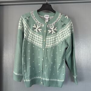 Vintage Koret Button Front Sea Green Embroidered Cardigan sz Medium Long Sleeve